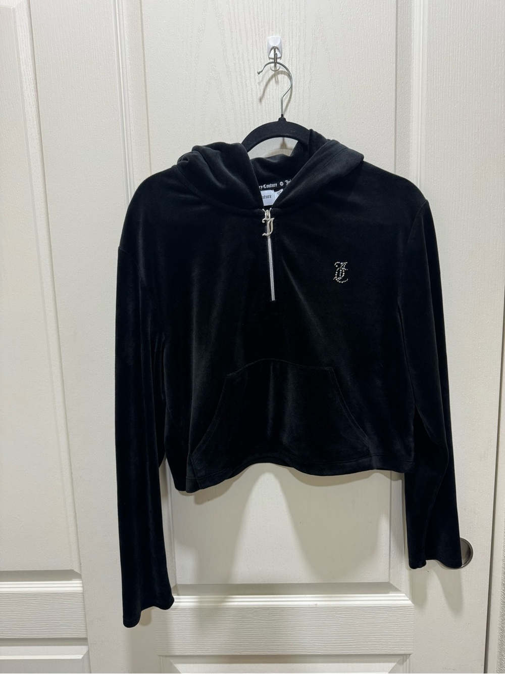 Juicy Couture Women’s L Black Velour Rhinestone Logo Hoodie Y2K